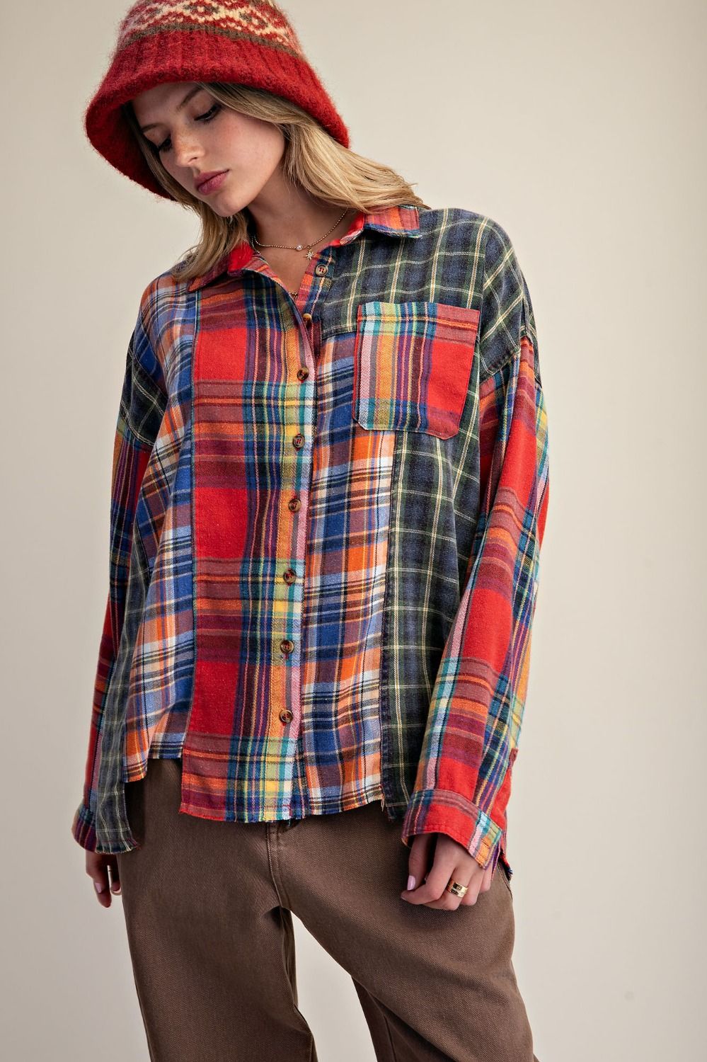 EASEL Navy Red Mix Plaid Button Down Shirt