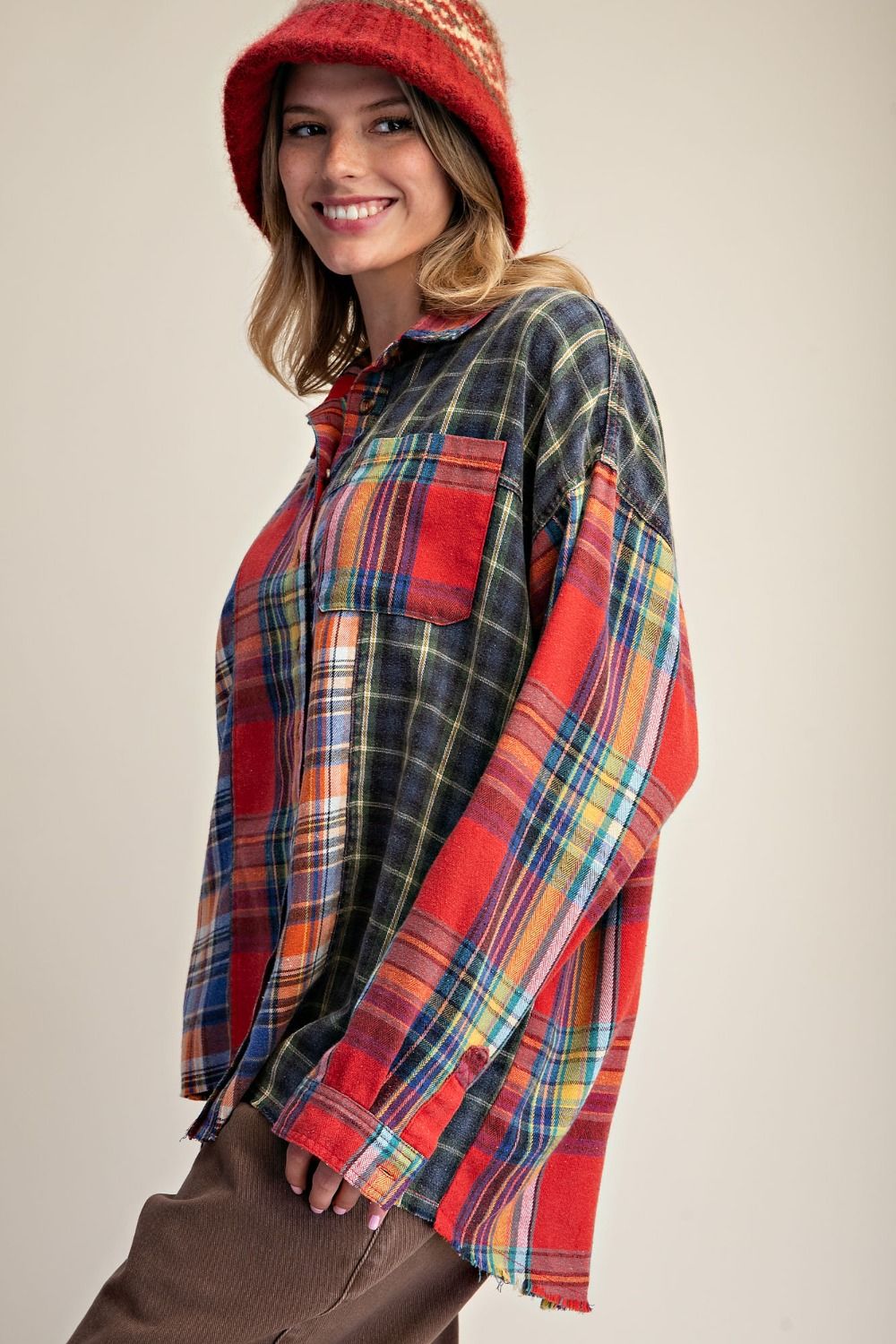 EASEL Navy Red Mix Plaid Button Down Shirt