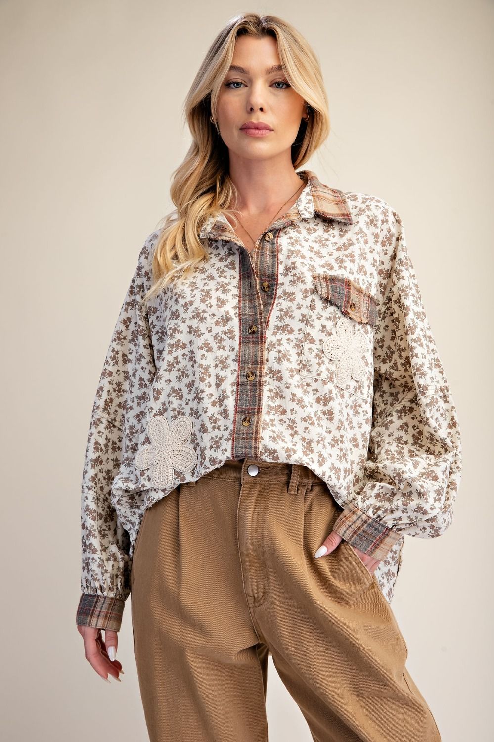EASEL Khaki Floral Patch Top