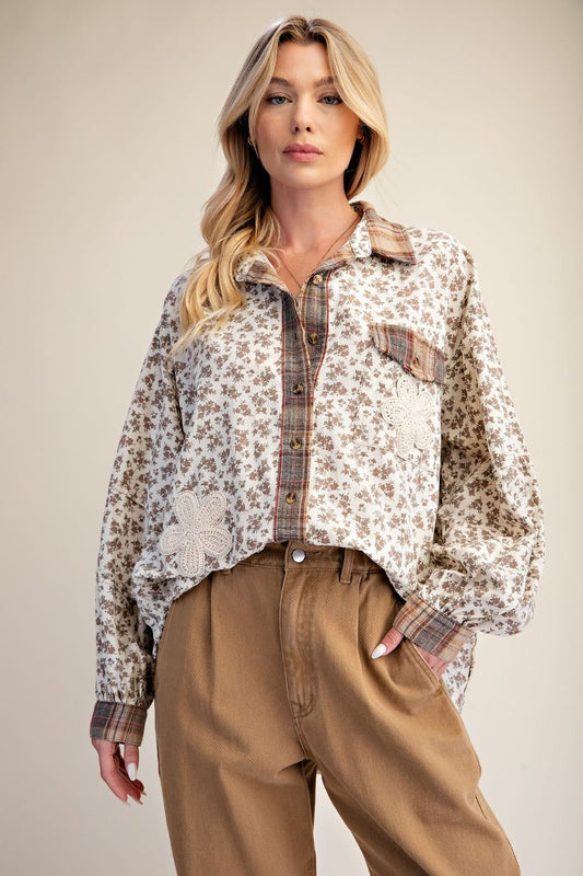 EASEL Khaki Floral Patch Top