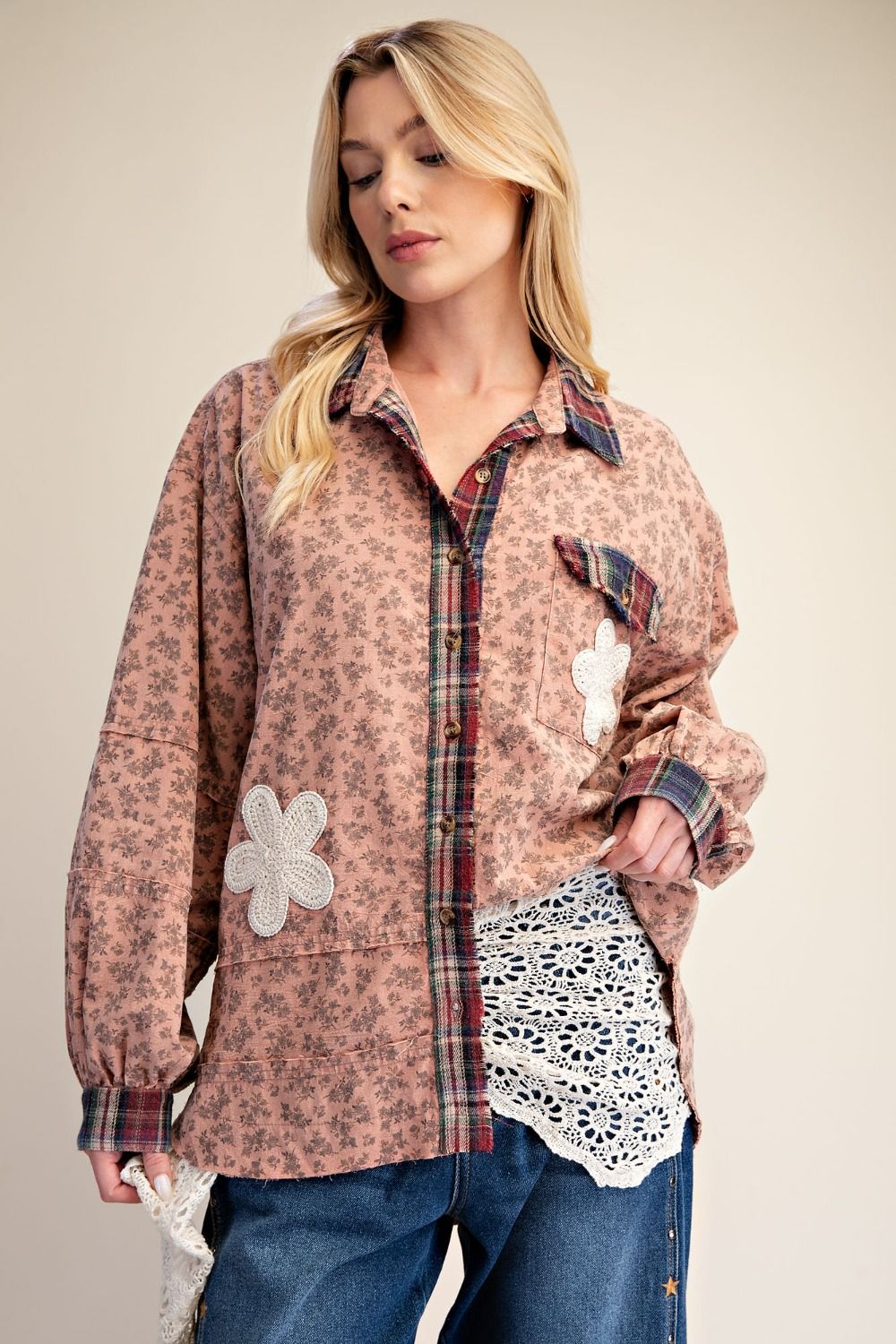EASEL Mauve Floral Patch Top