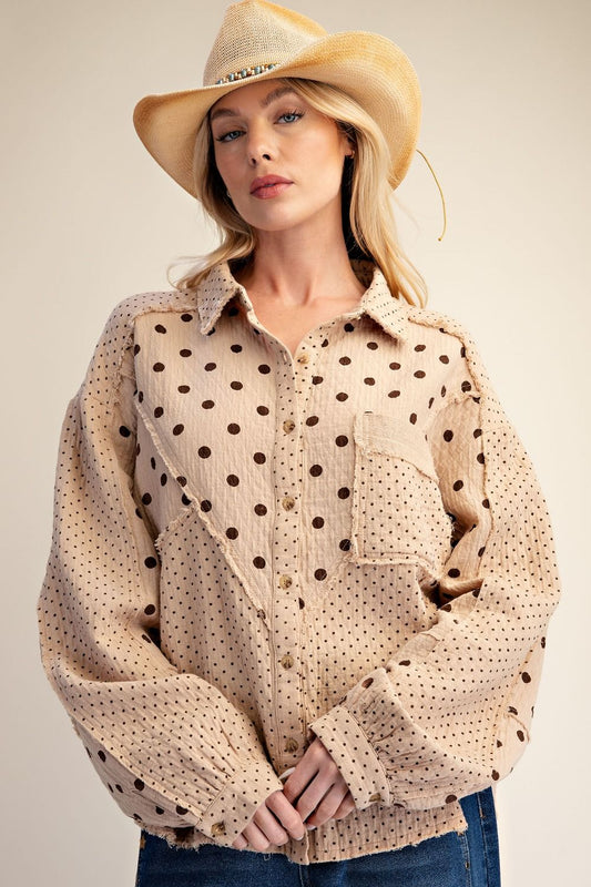 EASEL Tan Gauze Polka Dot Top
