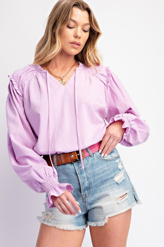 EASEL Cotton Woven Long Sleeve Blouse with Ruffle Hem Lilac Pink