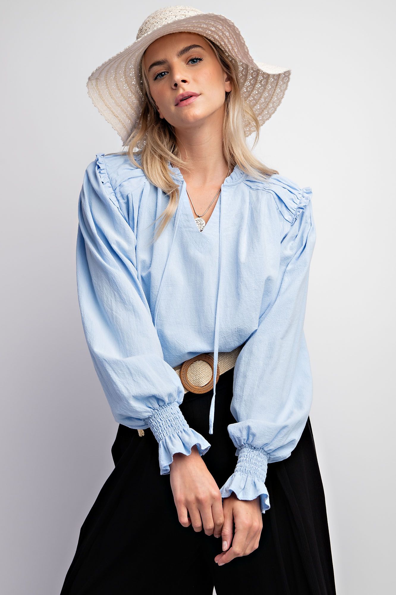 EASEL Cotton Woven Long Sleeve Blouse with Ruffle Hem Blue