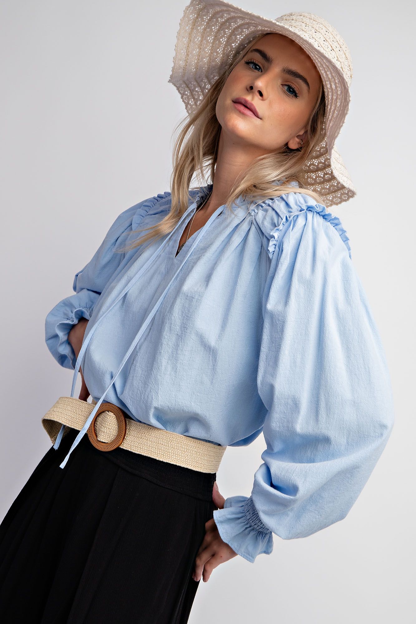 EASEL Cotton Woven Long Sleeve Blouse with Ruffle Hem Blue