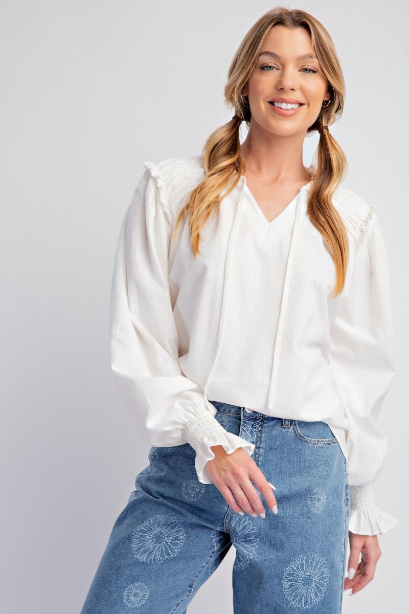 EASEL Cotton Woven Long Sleeve Blouse with Ruffle Hem White