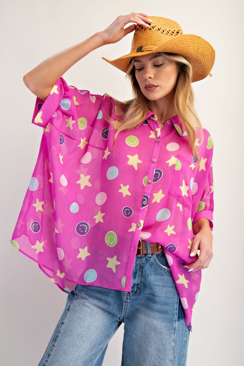 Easel Hot Pink Smile Chiffon Button Down Top *Market Special*