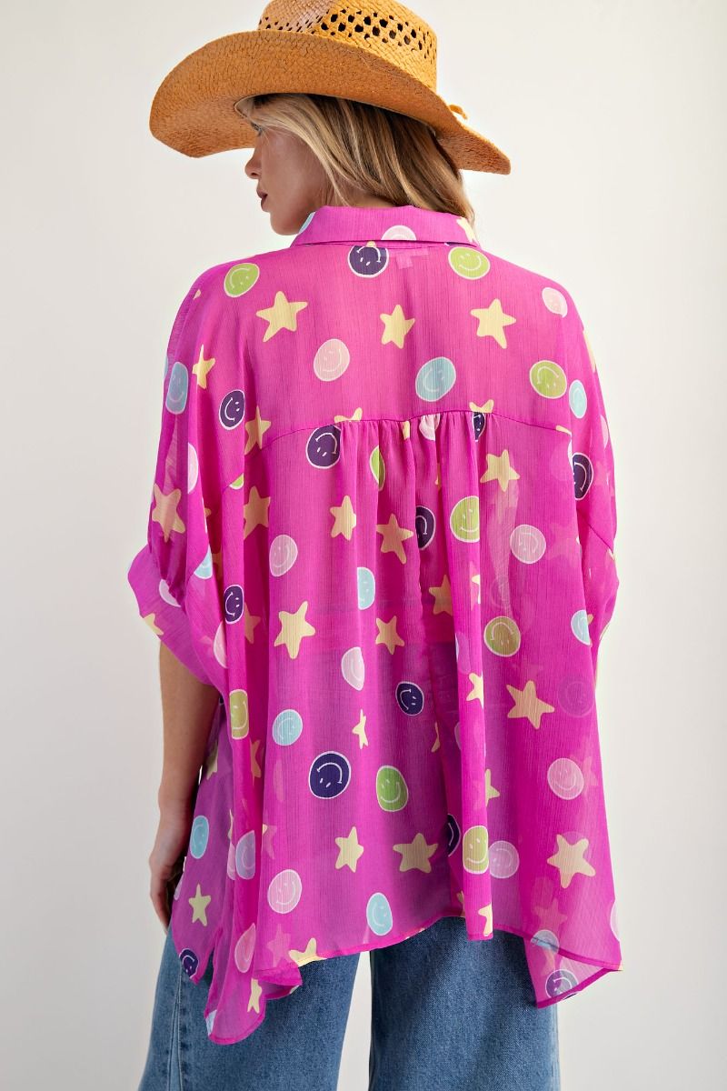 Easel Hot Pink Smile Chiffon Button Down Top *Market Special*