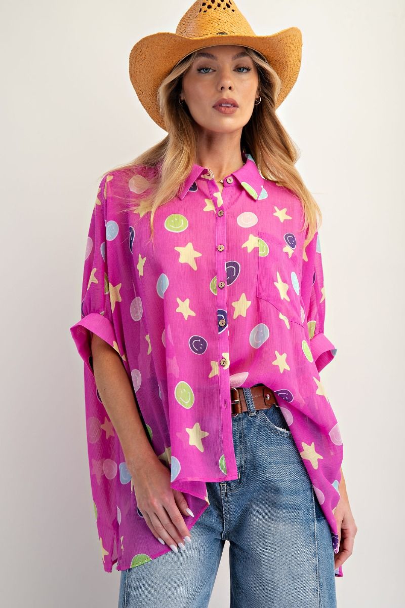 Easel Hot Pink Smile Chiffon Button Down Top *Market Special*