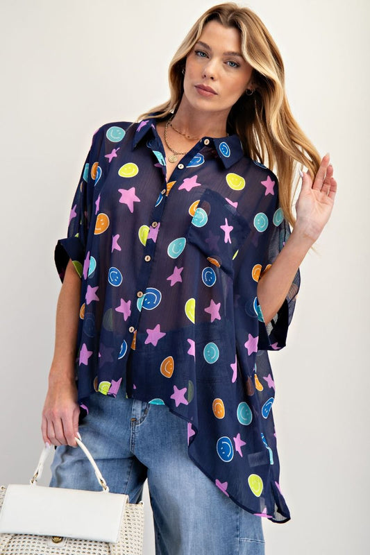 Easel Navy Smile Chiffon Button Down Top *Market Special*