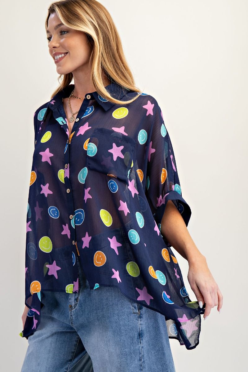Easel Navy Smile Chiffon Button Down Top *Market Special*