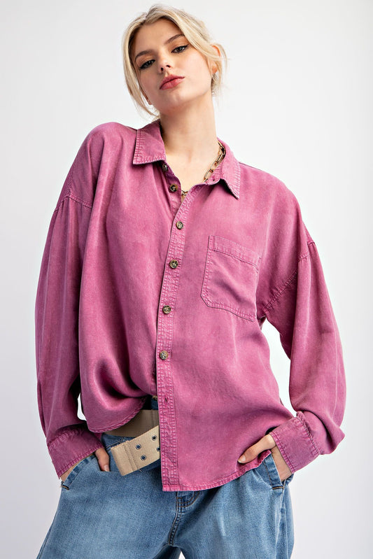EASEL Rayon Challis Washed Button Down Shirt Magenta