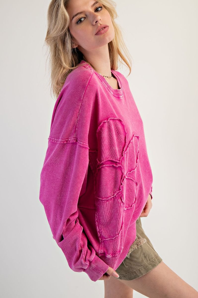 EASEL Flower Patch Washed Terry Knit Pullover Rose Violet