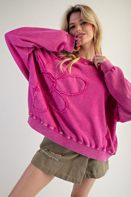 EASEL Flower Patch Washed Terry Knit Pullover Rose Violet
