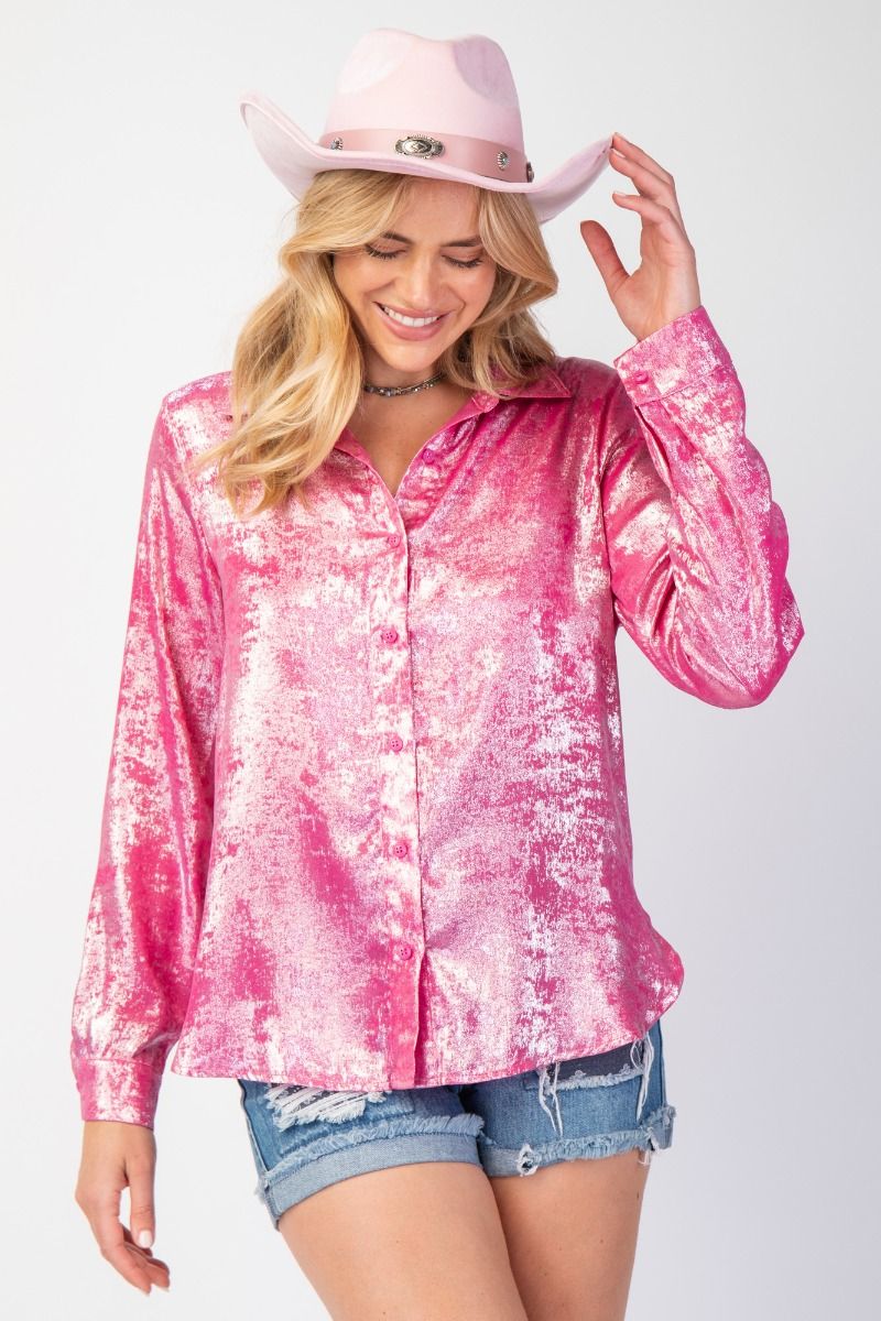 EASEL Foil Woven Blouse Pink