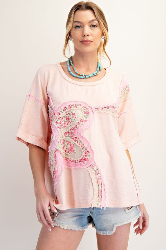 EASEL FLOWER PATCH MINERAL WASHED COTTON SLUB TOP BLUSH
