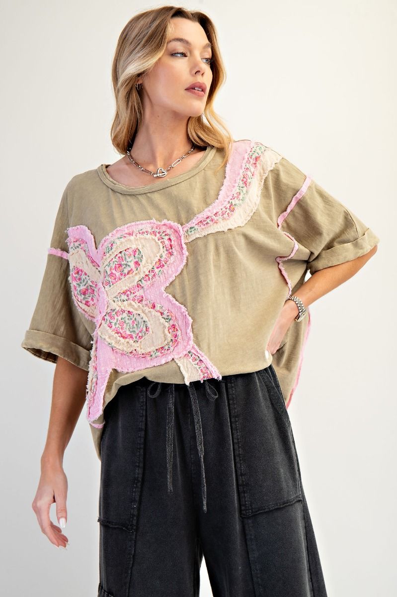 EASEL Flower Patch Mineral Washed Cotton Top Faded Olive