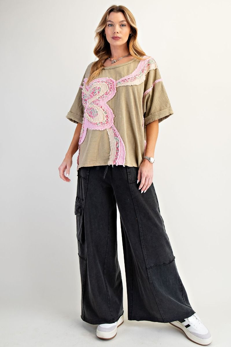 EASEL Flower Patch Mineral Washed Cotton Top Faded Olive