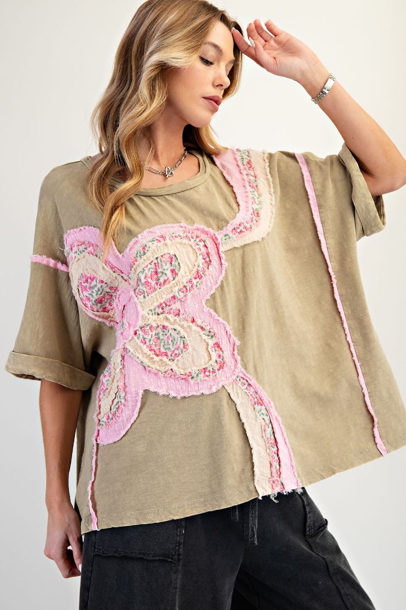 EASEL Flower Patch Mineral Washed Cotton Top Faded Olive