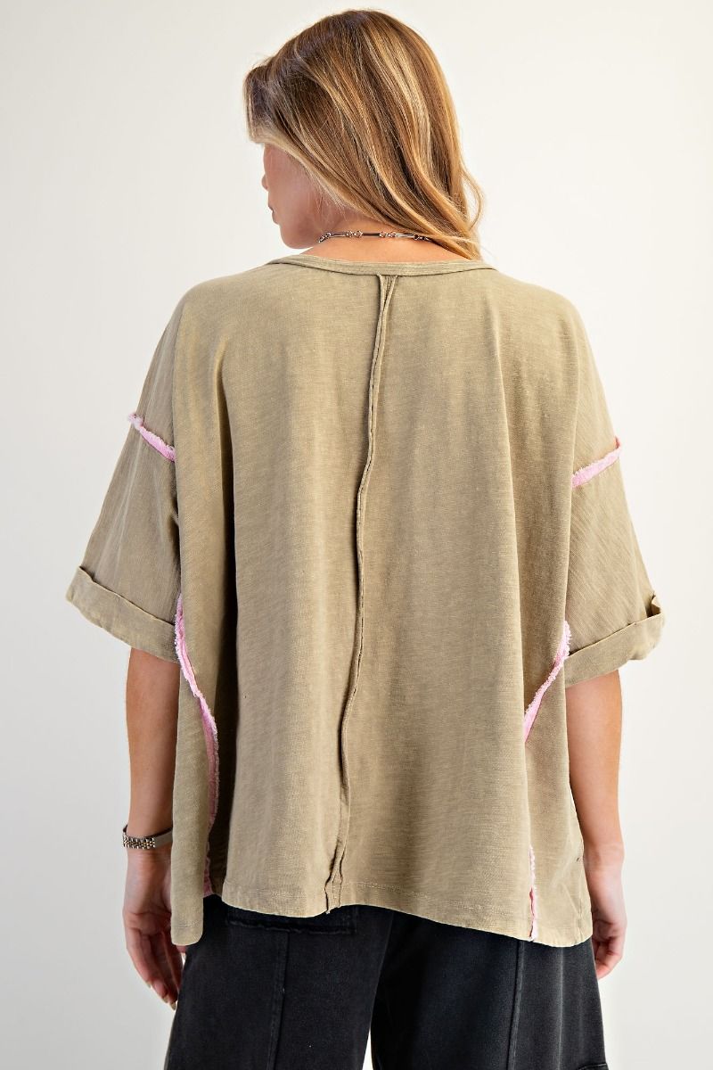 EASEL Flower Patch Mineral Washed Cotton Top Faded Olive