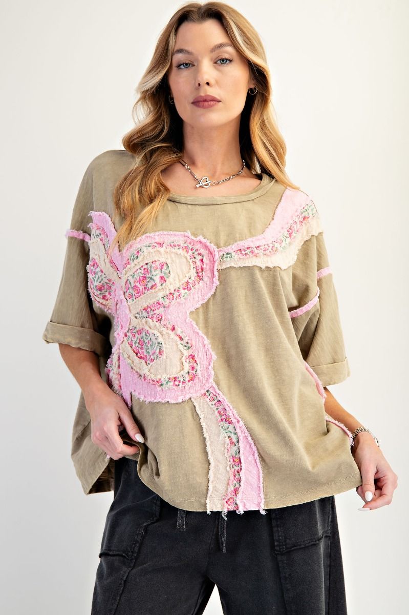 EASEL Flower Patch Mineral Washed Cotton Top Faded Olive