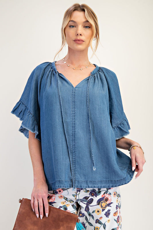 EASEL Washed Chambray Woven Top Dark Denim
