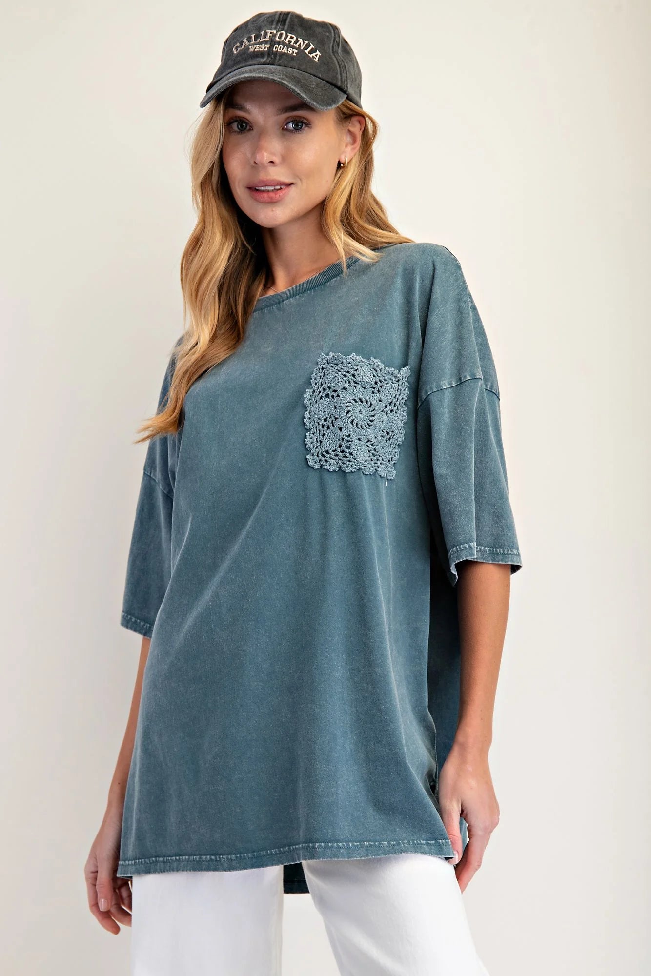 EASEL Teal Crochet Pocket Top