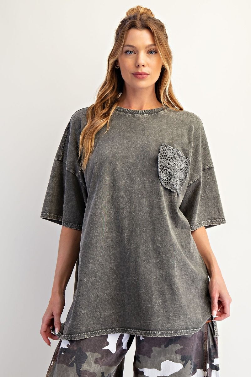 EASEL Black Crochet Pocket Top