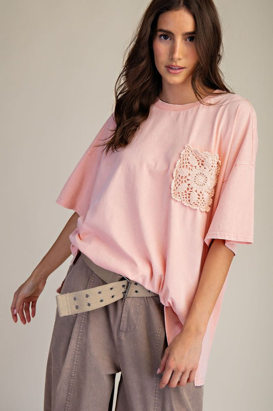 EASEL Cotton Coral Crochet Pocket Top