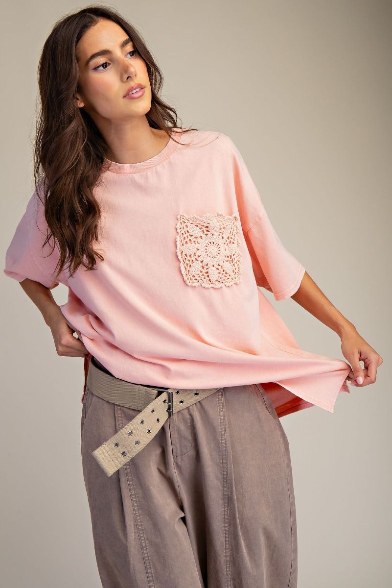EASEL Cotton Coral Crochet Pocket Top