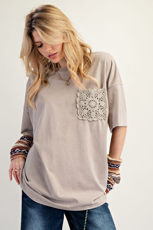 EASEL Mushroom Crochet Pocket Top