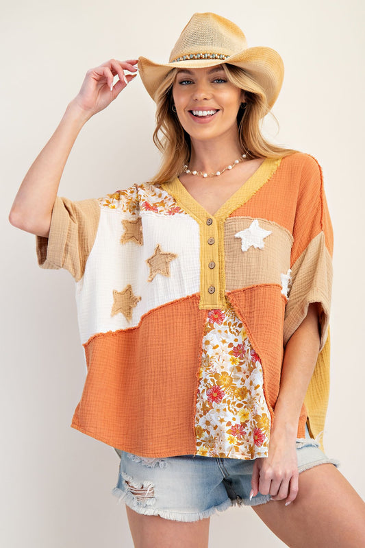 EASEL Patchwork Cotton Gauze Mineral Washed Top Chai Latte