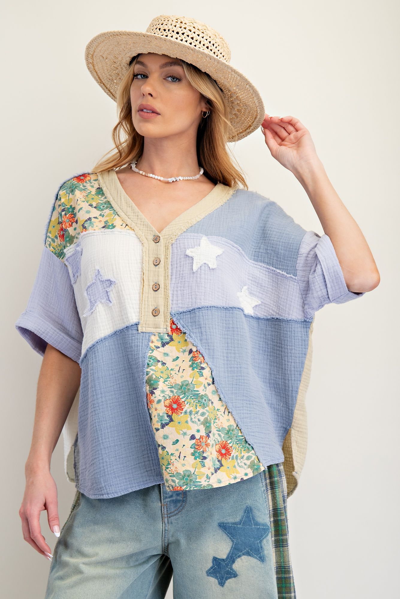 EASEL Patchwork Cotton Gauze Mineral Washed Top Dusty Blue
