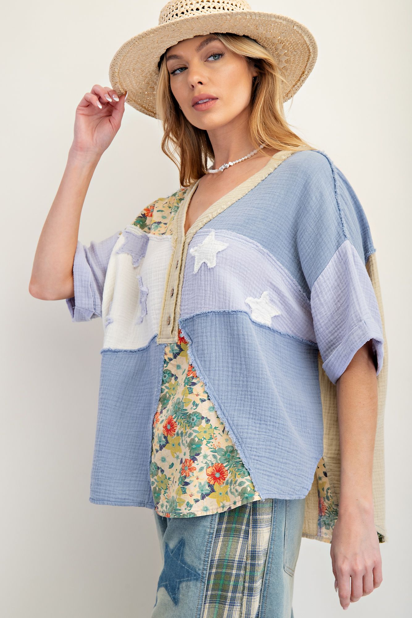 EASEL Patchwork Cotton Gauze Mineral Washed Top Dusty Blue