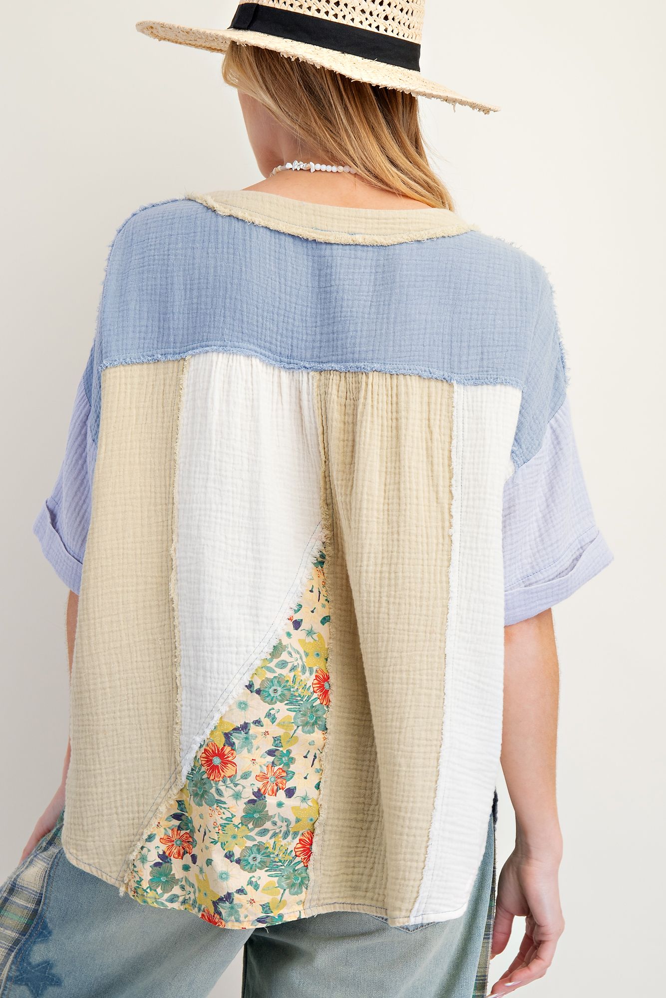 EASEL Patchwork Cotton Gauze Mineral Washed Top Dusty Blue