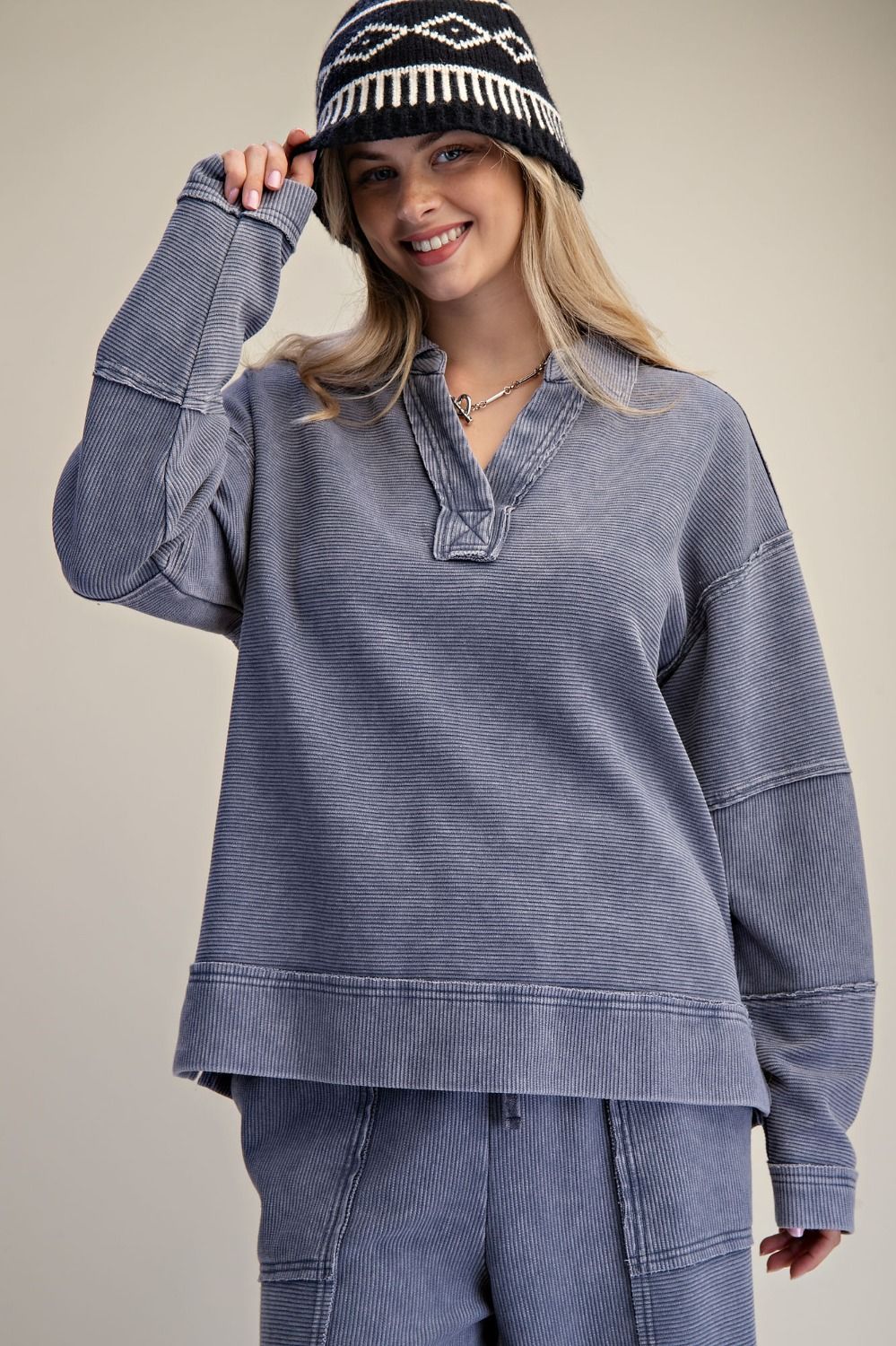 EASEL Washed Denim Textured Thermal Pullover