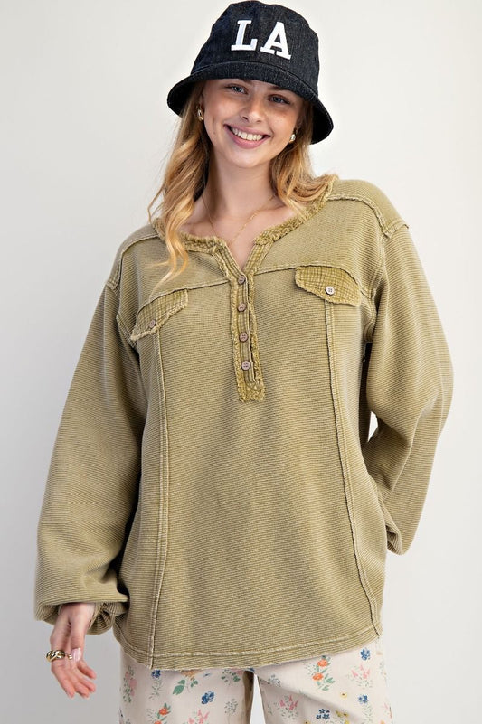 EASEL Faded Olive Thermal Henley Top