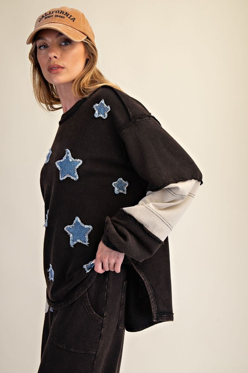 EASEL Star Patch Detailing Washed Terry Pullover