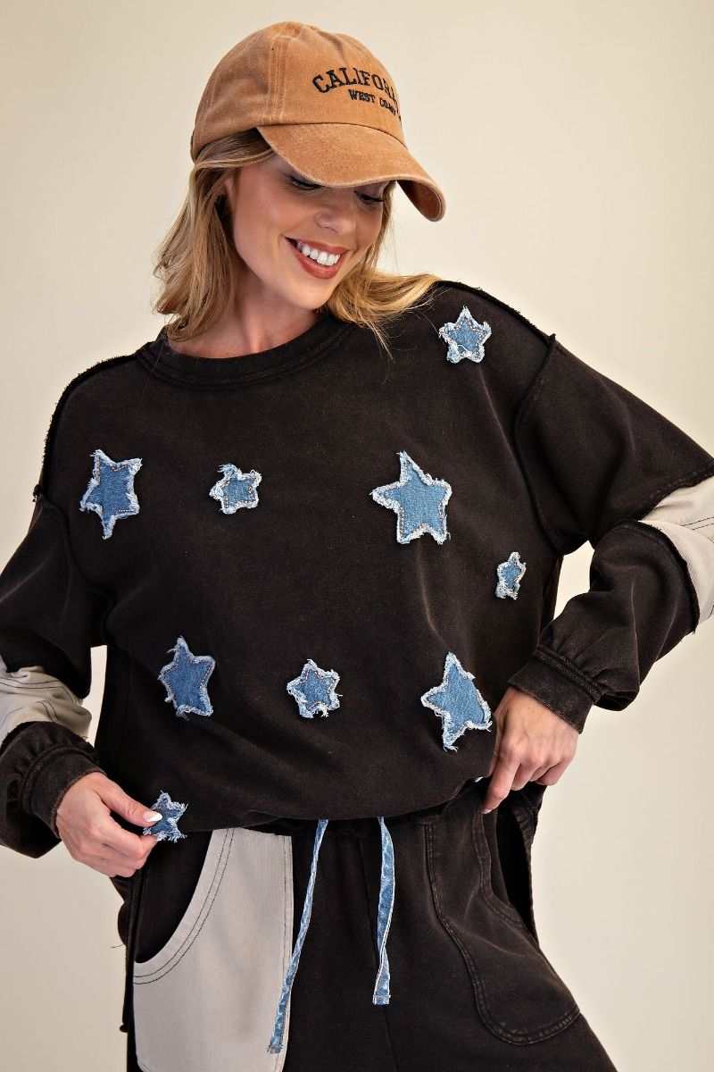 EASEL Star Patch Detailing Washed Terry Pullover