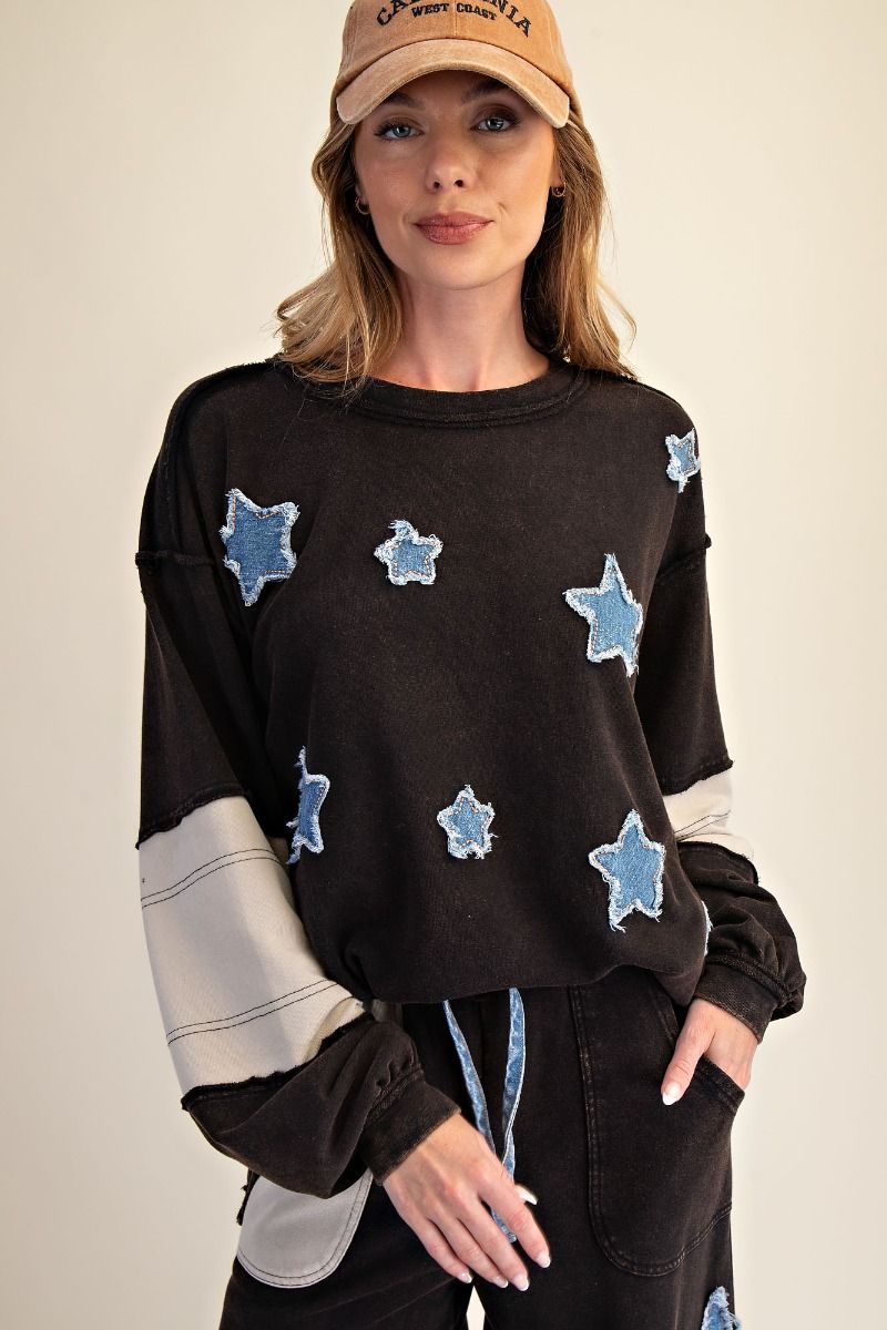 EASEL Star Patch Detailing Washed Terry Pullover