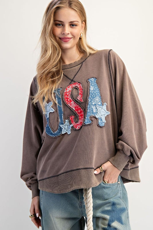 EASEL USA Patch Wash Terry Pullover Mocha