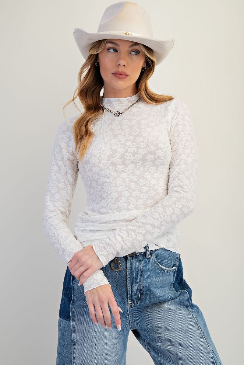 EASEL Lace Fitted Mesh Top Ivory