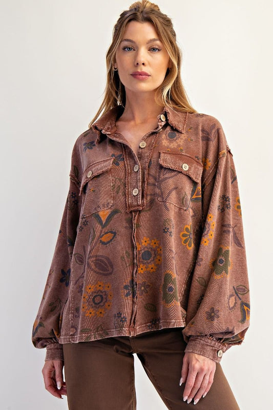 EASEL Floral Printed Washed Terry Pullover Chocolate