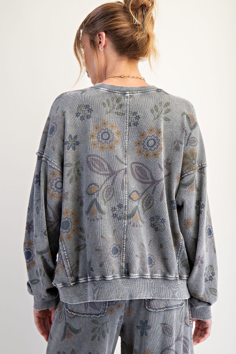 EASEL Floral Print Washed Terry Pullover Ash