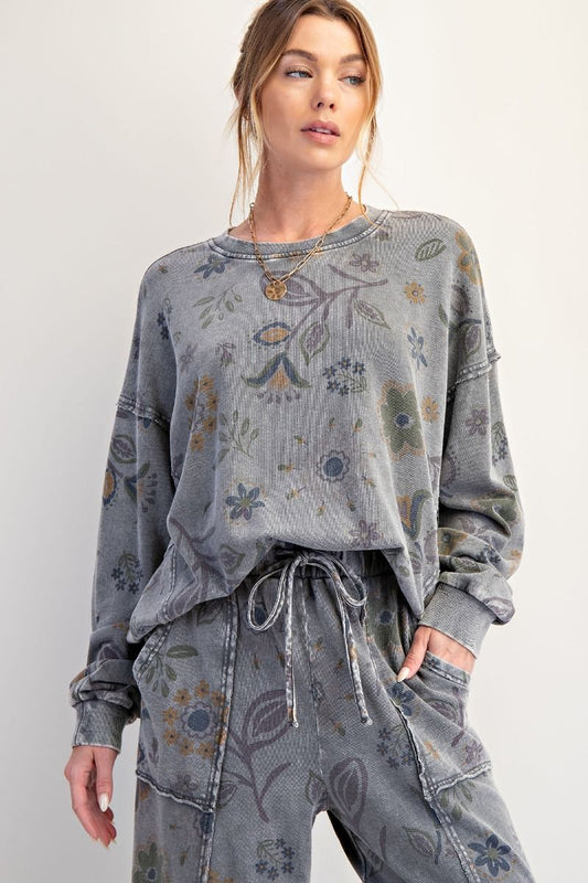EASEL Floral Print Washed Terry Pullover Ash