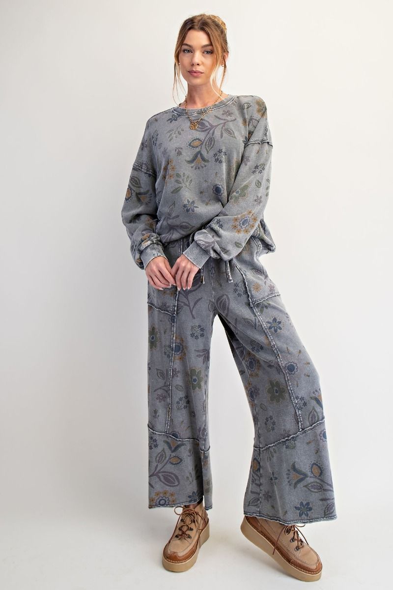 EASEL Floral Print Washed Terry Pullover Ash