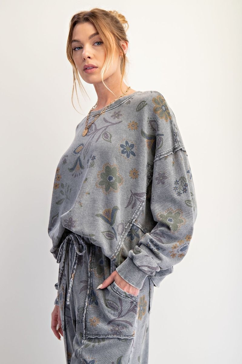 EASEL Floral Print Washed Terry Pullover Ash