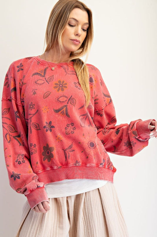 EASEL Floral Print Washed Terry Pullover Boho Red