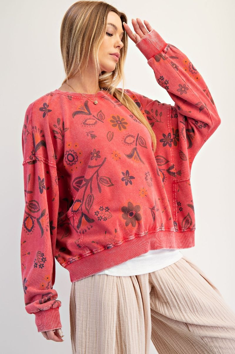 EASEL Floral Print Washed Terry Pullover Boho Red