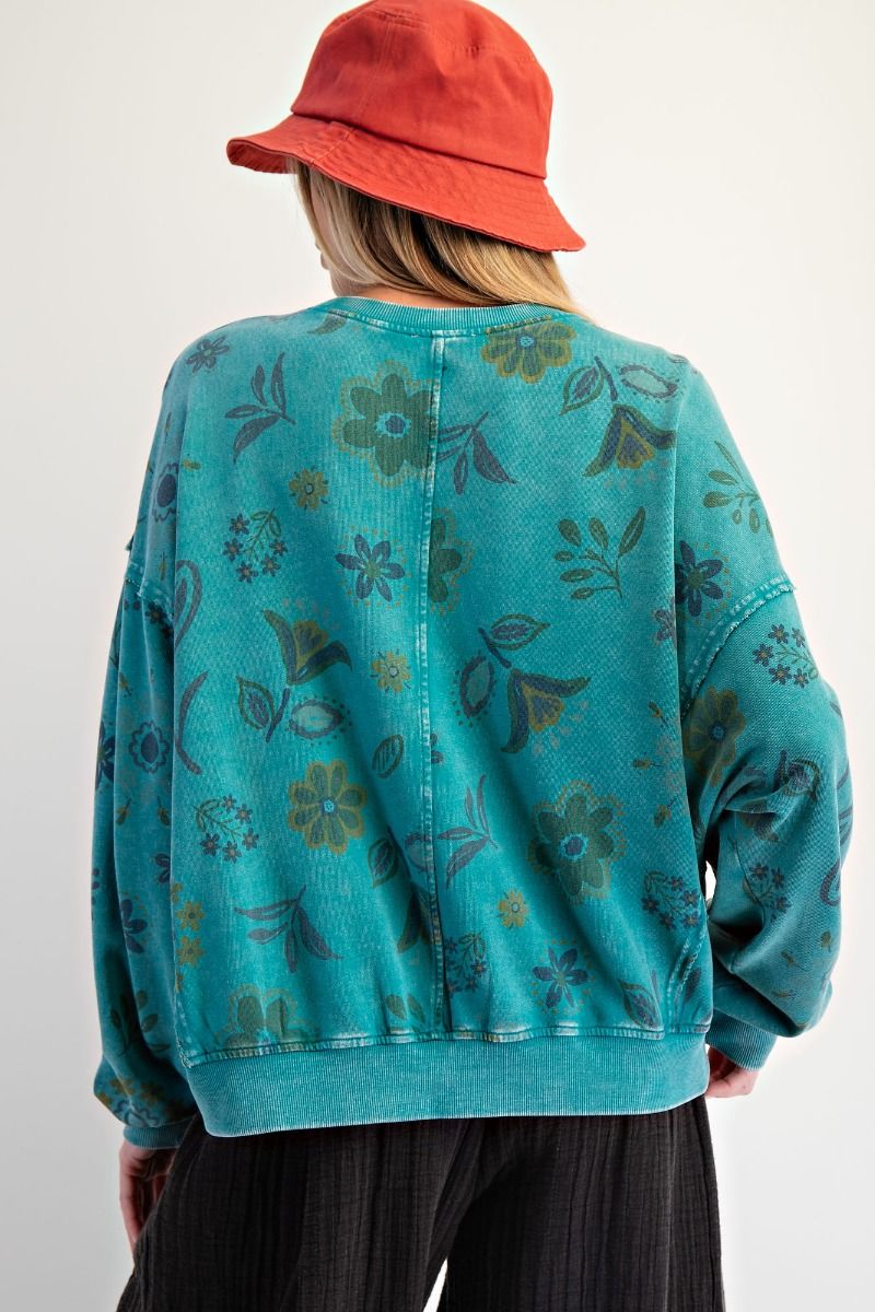 EASEL Floral Print Washed Terry Pullover Teal